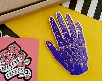 Palmistry Brooch. Fortune Teller. Palm Reader Brooch. Hand. Mystic. Occult. Witchcraft. Laser Cut Brooch. Esoteric. Purple.