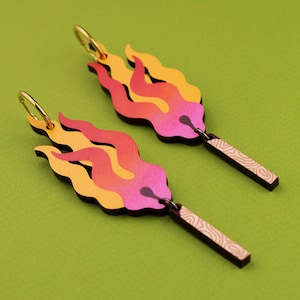Lit Match Earrings. Burning Match Statement Earrings. Tattoo Style Flame Earrings. Sustainable Wooden Earrings