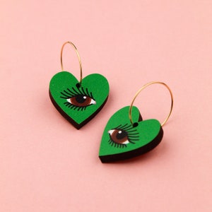 Wooden Heart Earrings. Green Heart Earrings. Wooden Heart Hoops with Brown Eyes. Celtic Love Heart Jewellery.