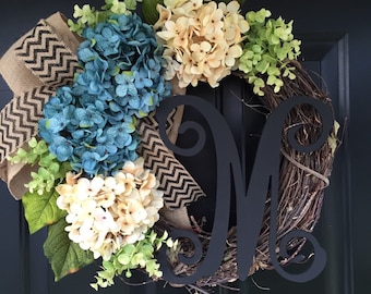 Wreath - Wreaths-Hydrangea Wreath - Spring Wreath - Summer Wreath - Gift ideas - Christmas Gift -Chevron Burlap Monogrammed Wreath -Gifts