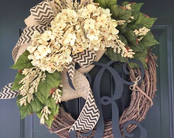 All Year Long Wreath -Wreath -Everyday Wreath -Wreaths -Housewarming Gift -Summer Wreath -Hydrangea Chevron Burlap Monogram Wreath - Gifts