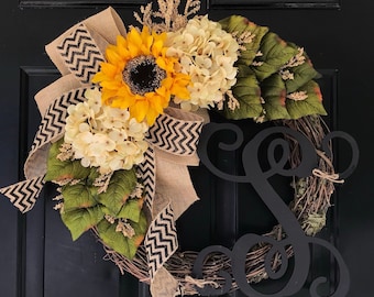 NEW LISTING -Fall Wreath -Sunflower ,Hydrangea , Chevron Monogrammed Wreath- Wreaths -Seasonal Wreath - Autumn Wreath -Front Door Wreath