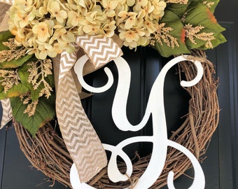 Everyday Wreath -Mothers Day Gift -Wreath -Summer Wreath -Wreaths -Hydrangea Chevron Monogram Wreath -Housewarming Gifts -Gift Ideas