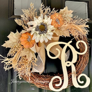 NEW fall / autumn monogram sunflower & pumpkin wreath - gift ideas - neutral - gifts for her - holiday wreath - fall decor - housewarming