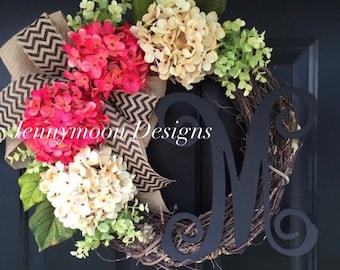 Pink and Cream Hydrangea Wreath - Monogram Wreath - Wreath - Spring Wreath - Summer Wreath - Gifts - Housewarming Gift - Front Door Wreath
