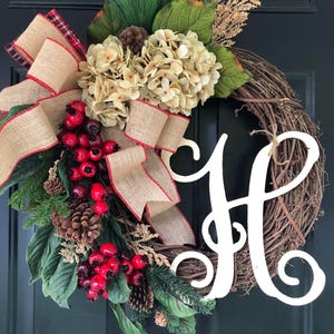 Winter Wreath Holiday Wreath Christmas Wreath Wreath Hydrangea Burlap Berry Pine Monogram Wreath Gifts Christmas Gift Wreaths Gift image 1