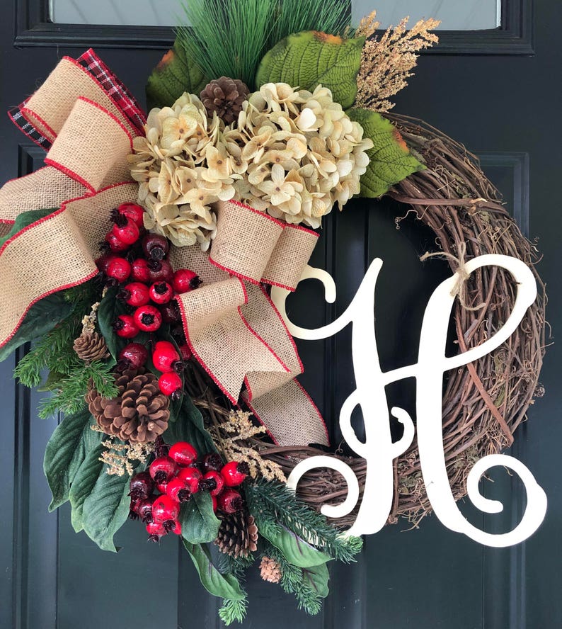 Winter Wreath Holiday Wreath Christmas Wreath Wreath Hydrangea Burlap Berry Pine Monogram Wreath Gifts Christmas Gift Wreaths Gift image 1