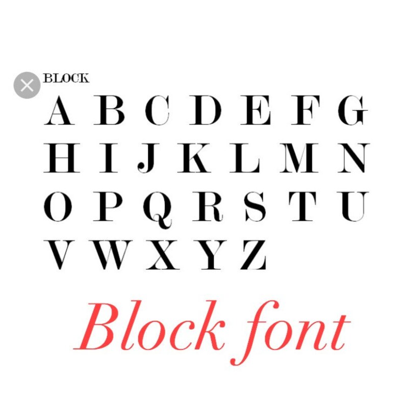 May include: A black and white alphabet in a block font style. The letters are arranged in three rows. The word "Block font" is written in red cursive below the alphabet.