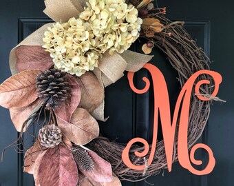 LIMITED QUANTITY - Fall Wreath - Wreaths -Hydrangea Magnolia Burlap Monogram Wreath -Wreath -Fall Decor - Housewarming Gift- Thanksgiving