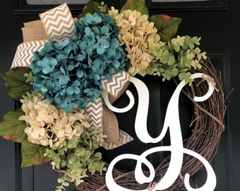 NEW LISTING - Wreath -Summer Wreath -Hydrangea Chevron Monogram Wreath -Housewarming Gift -Wreaths - Gifts for her - Everyday Wreath -Decor