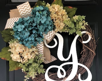 NEW LISTING - Wreath -Summer Wreath -Hydrangea Chevron Monogram Wreath -Housewarming Gift -Wreaths - Gifts for her - Everyday Wreath -Decor