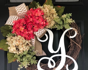 NEW LISTING -Wreath -Summer Wreath -Spring Wreath -Wreaths -Housewarming -Gifts -Home Decor -Hdrangea Chevron Monogrammed Wreath -Gifts