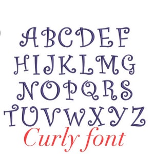 May include: A set of uppercase letters in a curly font, with each letter in a different shade of purple. The letters are arranged in alphabetical order. The text "Curly font" is written in red below the letters.