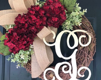 Fall Wreath -Wreath - Red Hydrangea Burlap Monogram -Wreaths - Housewarming Gift - Front Door Wreath -Entryway Decor - Gift Ideas -Gifts