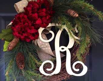 Red Hydrangea Winter Pine Golden Wreath - Wreath - Holiday Wreath - Christmas Wreath - Monogrammed - Gift - Housewarming Gift - Wreaths