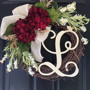 Everyday Wreath - Summer Wreath -Fall Wreath - Wreath - Red Hydrangea Burlap Monogrammed Wreath - Personalized Gift -Wreaths - Housewarming