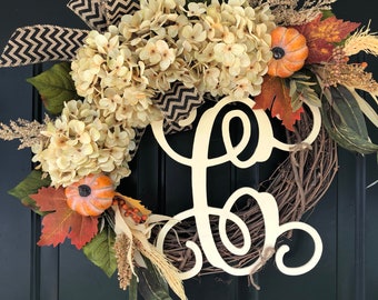 NEW LISTING -Fall Wreath -Wreath-Hydrangea ,Pumpkin ,Chevron ,Monogram  Wreath -Thanksgiving Gift -Housewarming Gift -Fall Decor - Wreaths