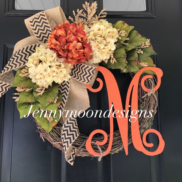 BEST SELLER -Wreaths -Fall Wreath -Seasonal Wreath -Wreath -Hydrangea Chevron Monogrammed Wreath -Fall Decor -Housewarming Gift -Gifts