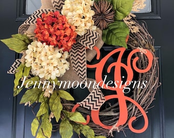 Best Seller - Fall -Wreaths -Fall Wreath -Hydrangea Pumpkin Monogram -Housewarming Gift -Fall Decor - Thanksgiving Wreath-Gifts Ideas