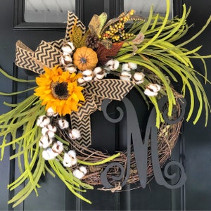 NEW - Fall Wreath - Wreath - Cotton Sunflower Pumpkin Chevron Monogram Wreath - Wreaths -Fall Decor -Housewarming Gift - Gift Ideas