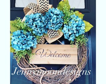 Wreath-Spring Wreath- Mothers Day Gift -Wreaths- Blue Hydrangea Wreath -Welcome Wreath -Gift -Spring Decor -Housewarming Gift