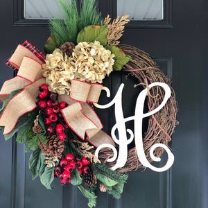 Winter Wreath Holiday Wreath Christmas Wreath Wreath Hydrangea Burlap Berry Pine Monogram Wreath Gifts Christmas Gift Wreaths Gift image 5