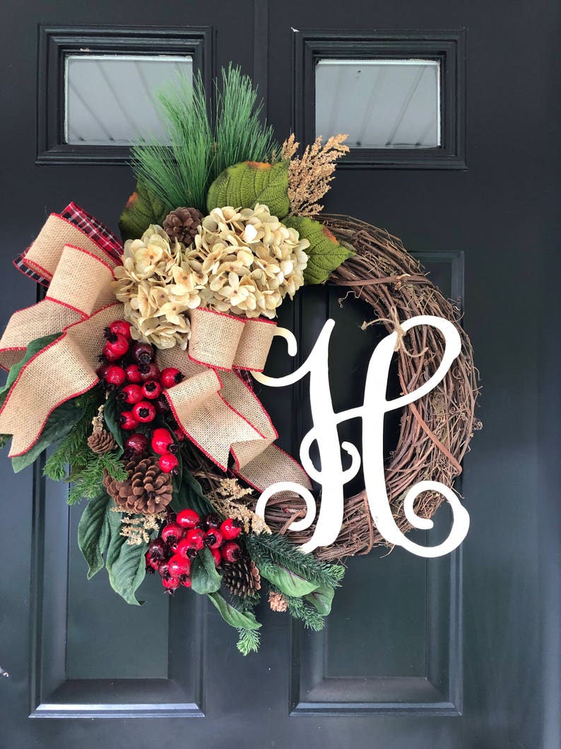 Winter Wreath Holiday Wreath Christmas Wreath Wreath Hydrangea Burlap Berry Pine Monogram Wreath Gifts Christmas Gift Wreaths Gift image 5