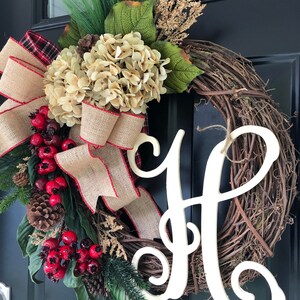 Winter Wreath Holiday Wreath Christmas Wreath Wreath Hydrangea Burlap Berry Pine Monogram Wreath Gifts Christmas Gift Wreaths Gift image 3