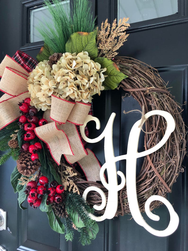 Winter Wreath Holiday Wreath Christmas Wreath Wreath Hydrangea Burlap Berry Pine Monogram Wreath Gifts Christmas Gift Wreaths Gift image 3