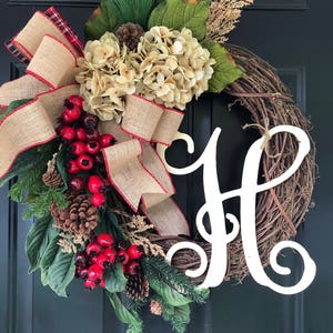 Winter Wreath Holiday Wreath Christmas Wreath Wreath Hydrangea Burlap Berry Pine Monogram Wreath Gifts Christmas Gift Wreaths Gift image 2