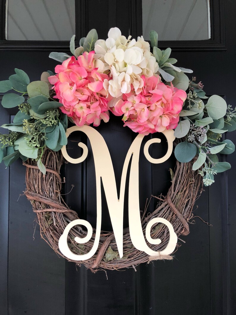 Spring Wreath Wreath Hydrangea Monogrammed Wreath Mothers Day Gift Gift Ideas Decor Summer Wreath Housewarming Gift Gifts image 1