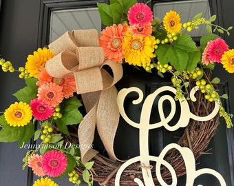 NEW spring & summer wreath - summer decor / floral decor - porch - front door wreath - monogram - gifts for her - birthday gift - wreaths