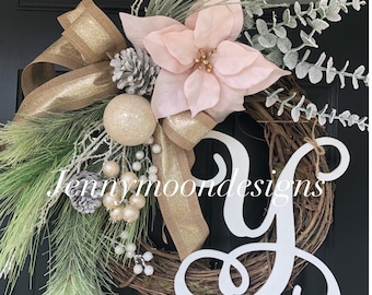 LIMITED QUANTITY - Christmas Wreath - Pink Poinsettia Golden Monogram Wreath - Wreath -Winter Wreath -Holiday Wreath -Decor -Gift - Gifts