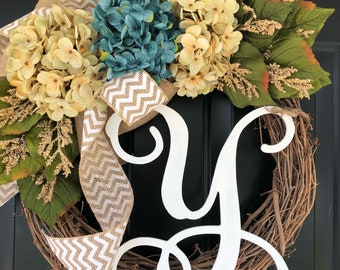 Wreath -Wreaths -Summer Wreath -Everyday Wreath - Gift Ideas - Hydrangea Chevron Monogram Wreath - Housewarming Gift -Gifts