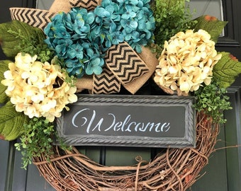 Everyday Wreath -Wreath- Spring Wreath -Mothers Day Gift -Wreaths -Housewarming Gift -Welcome Wreath - Hydrangea Chevron Wreath -Gifts