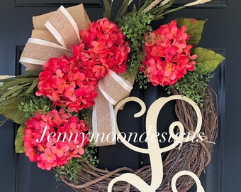 Spring Wreath-Wreath -Mothers Day Gift -Shabby Chic Wreath - Housewarming Gift -Wreaths - Summer Wreath - Pink Hydrangea Monogrammed Wreath