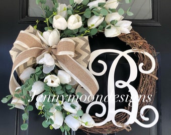 Wreath-Tulip Wreath-Spring Wreath -Wreaths- Mother’s Day Gift -Gifts for her -Housewarming Gifts - White Tulip Wreath - Spring Decor -Gifts