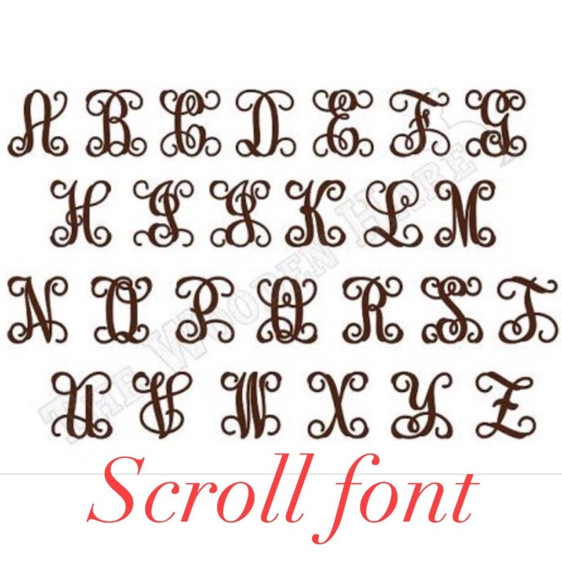 May include: A set of uppercase letters in a decorative scroll font. The letters are brown and are arranged in alphabetical order.