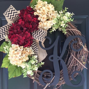 Everyday Wreath - Gift -Gift Ideas -Housewarming Gift -Winter Wreath-Wreath-Red and Cream Hydrangea Burlap Chevron Monogram Wreath-Wreaths