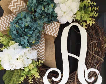 Blue and White Hydrangea Chevron Burlap Wreath - Monogram - Wreath - Spring Wreath - Summer Wreath - Wreaths - Housewarming Gift - Decor