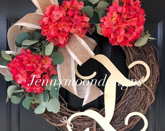 Spring Wreath -Wreath-Mother's Day Gift -Wreaths -Monogrammed Wreath -Summer Wreath -Housewarming Gift -Pink Hydrangea Eucalyptus Wreath