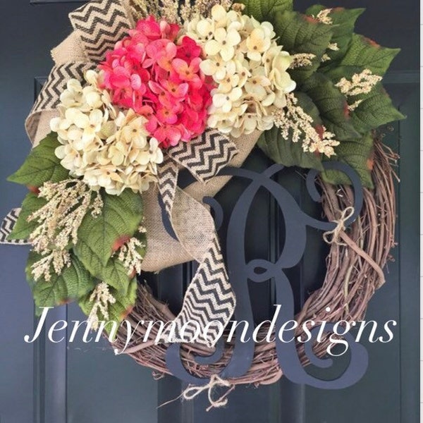 BEST SELLER -Everyday Wreath -Wreaths -Spring Wreath -Summer Wreath -Hydrangea Chevron Burlap Monogram Wreath -Wreath  - Gift Ideas