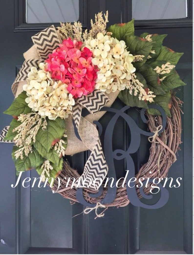 BEST SELLER Everyday Wreath Wreaths Spring Wreath Summer Wreath Hydrangea Chevron Burlap Monogram Wreath Wreath Gift Ideas image 1