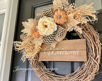 NEW FALL / autumn 2022 seasonal wreath - pumpkin - fall decor - gift ideas - gifts for her - housewarming - neutral color wreath - beige