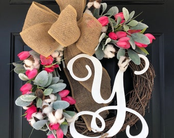 LIMITED QUANTITY -Spring Wreath -Wreath -Tulip Burlap Monogram Wtreath -Mothers Day Wreath -Wreaths -Housewarming Gift -Gifts Ideas