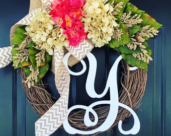 Summer Wreath -Wreath -Everyday Wreath -Gift Ideas-Wreaths -Hydrangea Chevron Monogram Wreath -Decor -Housewarming Gift