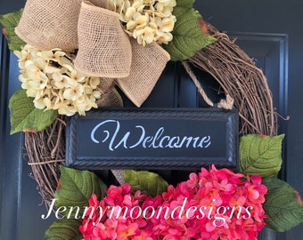 Wreath-Spring Wreath -Mothers Day Gift -Wreaths -Welcome Wreath -Housewarming Gift- Gift Ideas - Decor -Hydrangea Wreath