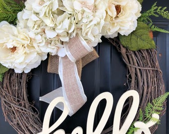 Shabby Chic Wreath -Wreath -Hydrangea Peony Fern Wreath -Hello Wreath -Housewarming Gift -Gift Ideas - Wreaths - Summer Wreath -Gifts
