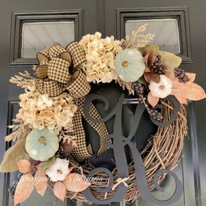 NEW fall / autumn wreath - gifts for her - housewarming - seasonal - monogrammed wreath - hydrangea pumpkin wreath Halloween - farmhouse