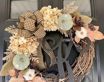 NEW fall / autumn wreath - gifts for her - housewarming - seasonal - monogrammed wreath - hydrangea pumpkin wreath Halloween - farmhouse